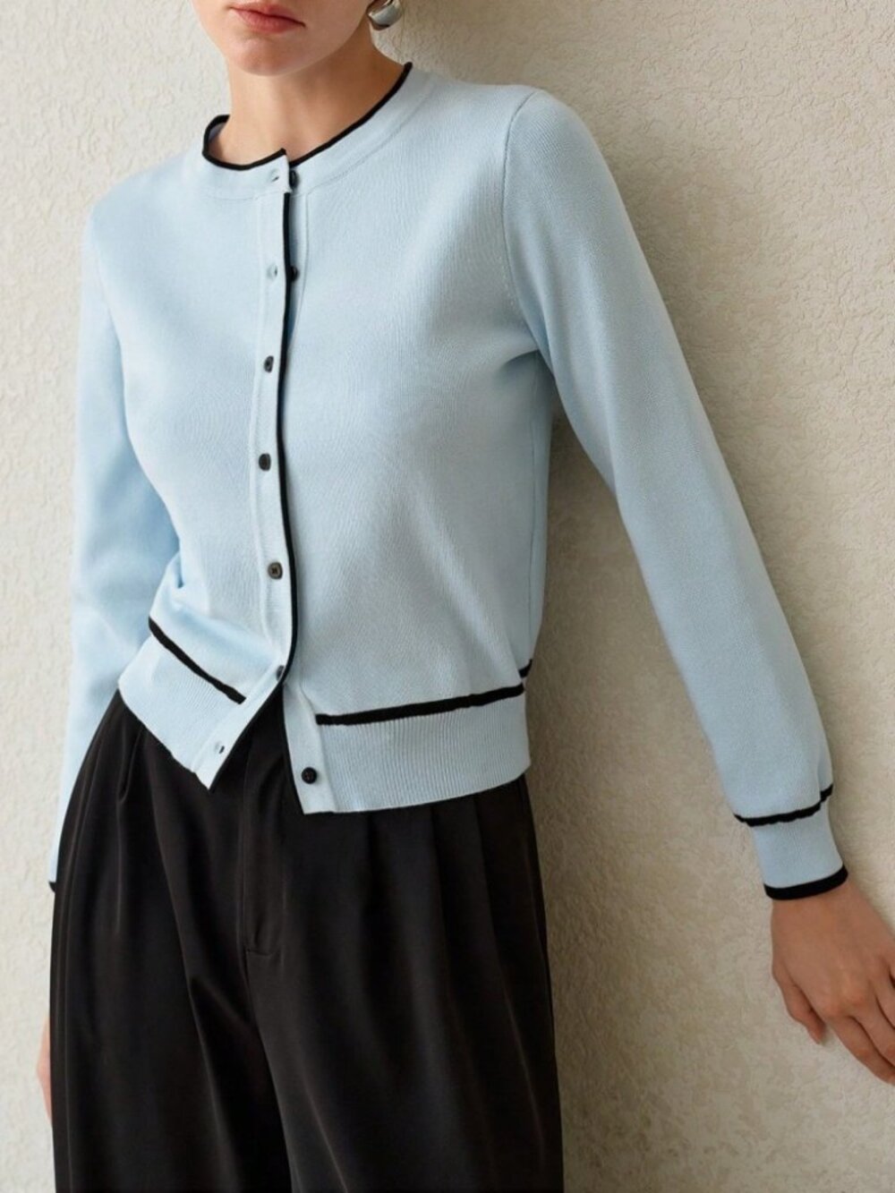 Aqua Pale Blue Knit Contrast Trim Button Front Slim Fit Cardigan